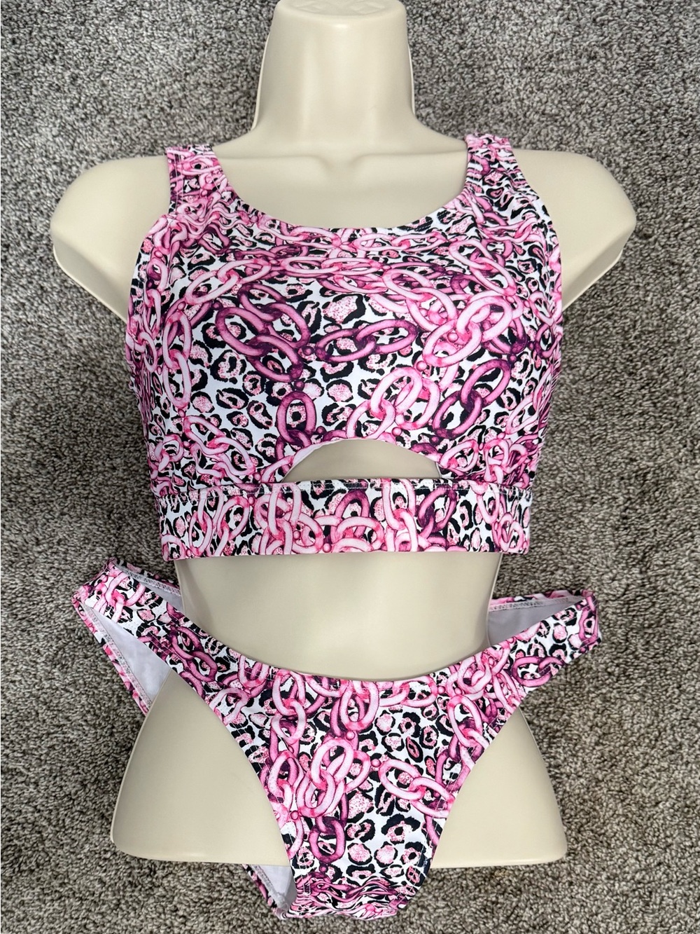 Joan Vass Pink, Black & White Patterned Bikini Set